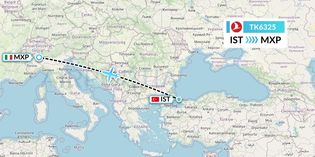 TK6325 Turkish Airlines Flight Map: Istanbul to Milan