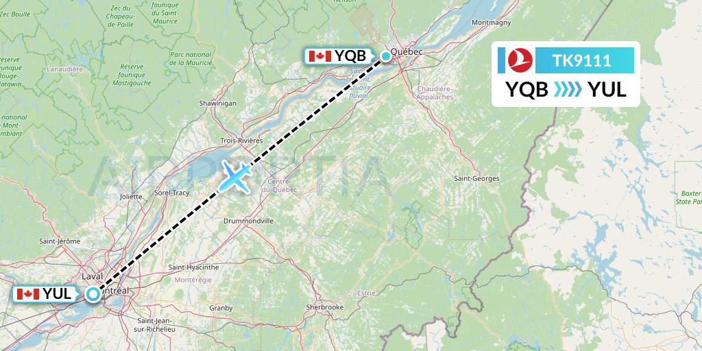TK9111 Turkish Airlines Flight Map: Quebec to Montreal
