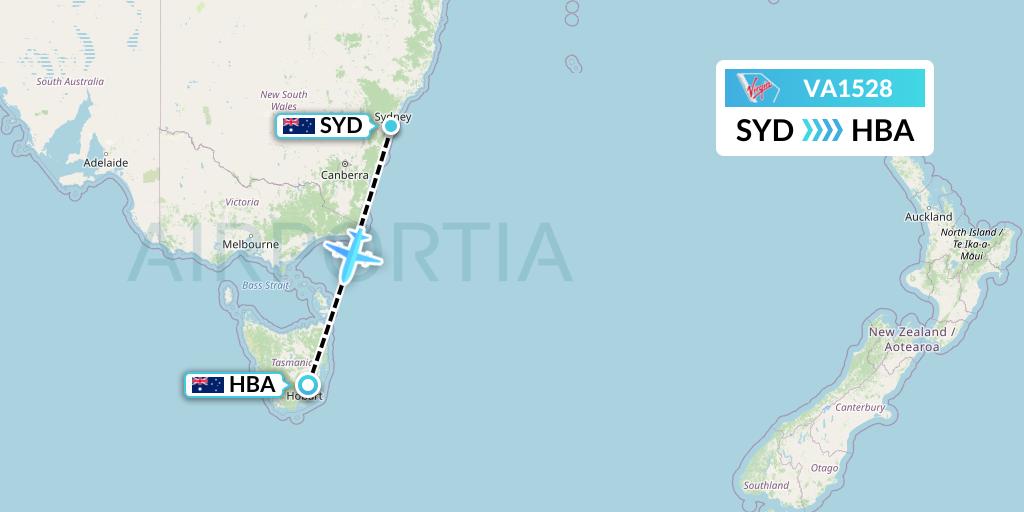 VA1528 Virgin Australia Flight Map: Sydney to Hobart