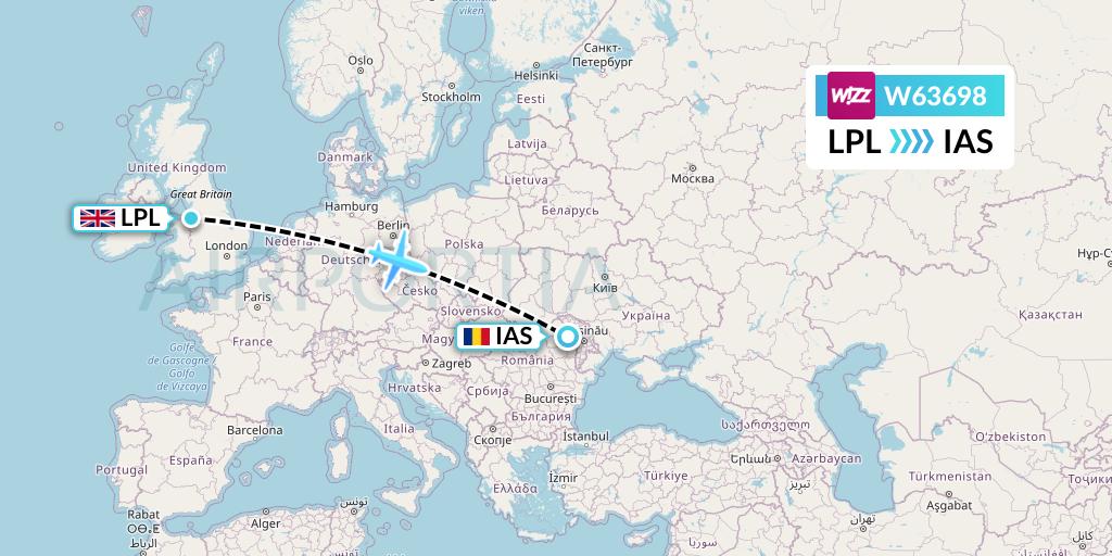 W63698 Wizz Air Flight Map: Liverpool to Iasi