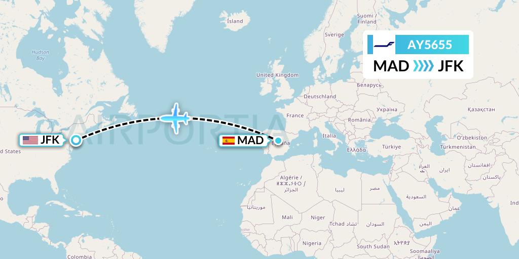 AY5655 Finnair Flight Map: Madrid to New York