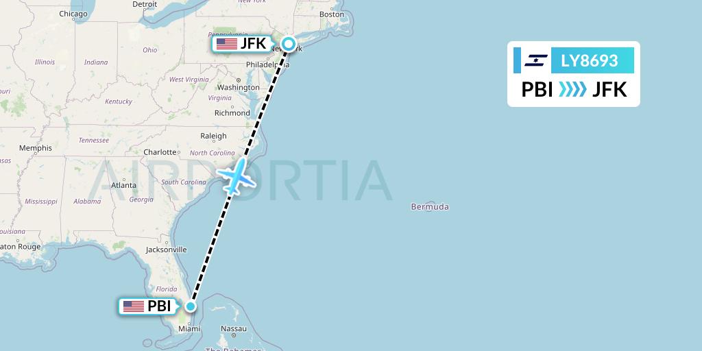 LY8693 El Al Flight Map: West Palm Beach to New York