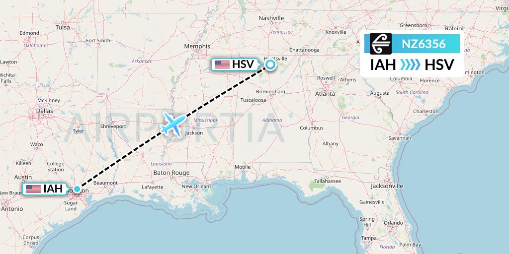 NZ6356 Air New Zealand Flight Map: Houston to Huntsville