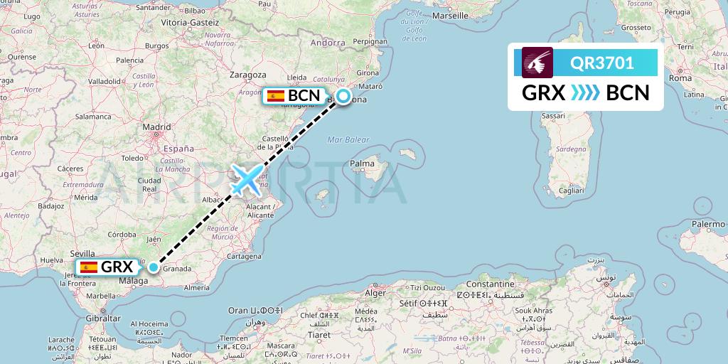 QR3701 Qatar Airways Flight Map: Granada to Barcelona