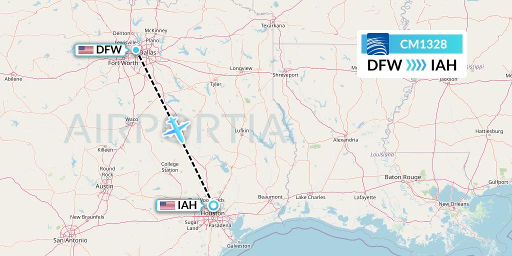 CM1328 Copa Airlines Flight Map: Dallas to Houston