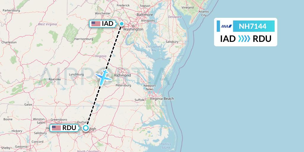 NH7144 All Nippon Airways Flight Map: Washington to Raleigh-Durham