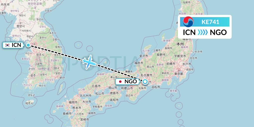 KE741 Korean Air Flight Map: Seoul to Nagoya