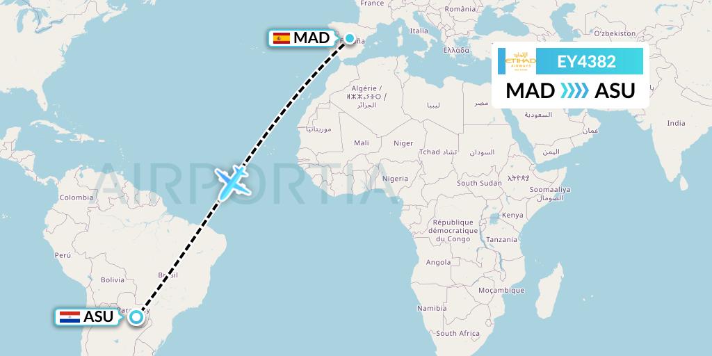 EY4382 Etihad Airways Flight Map: Madrid to Asuncion