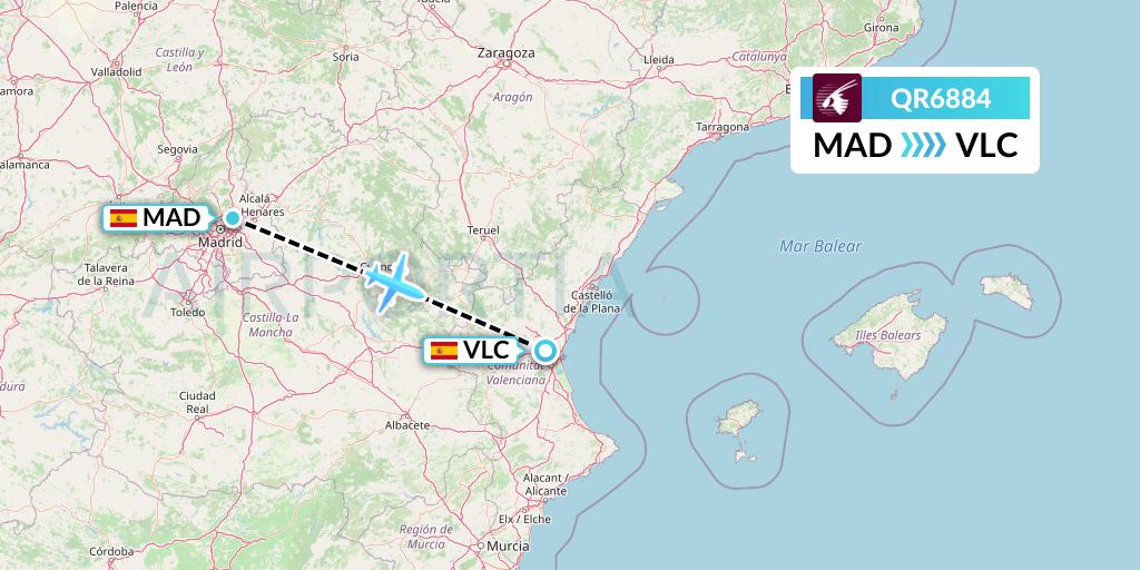 QR6884 Qatar Airways Flight Map: Madrid to Valencia
