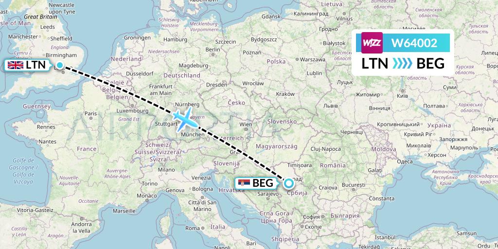 W64002 Wizz Air Flight Map: London to Belgrade