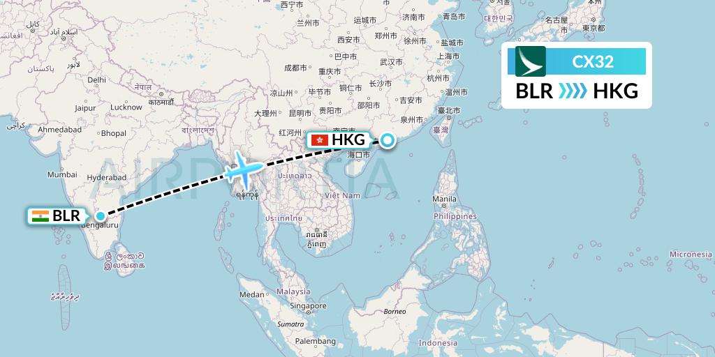 CX32 Cathay Pacific Flight Map: Bangalore to Hong Kong