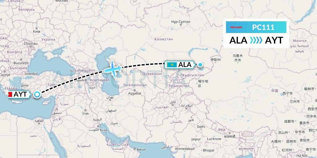 PC111 Pegasus Airlines Flight Map: Almaty to Antalya