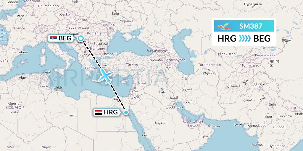 SM387 Air Cairo Flight Map: Hurghada to Belgrade