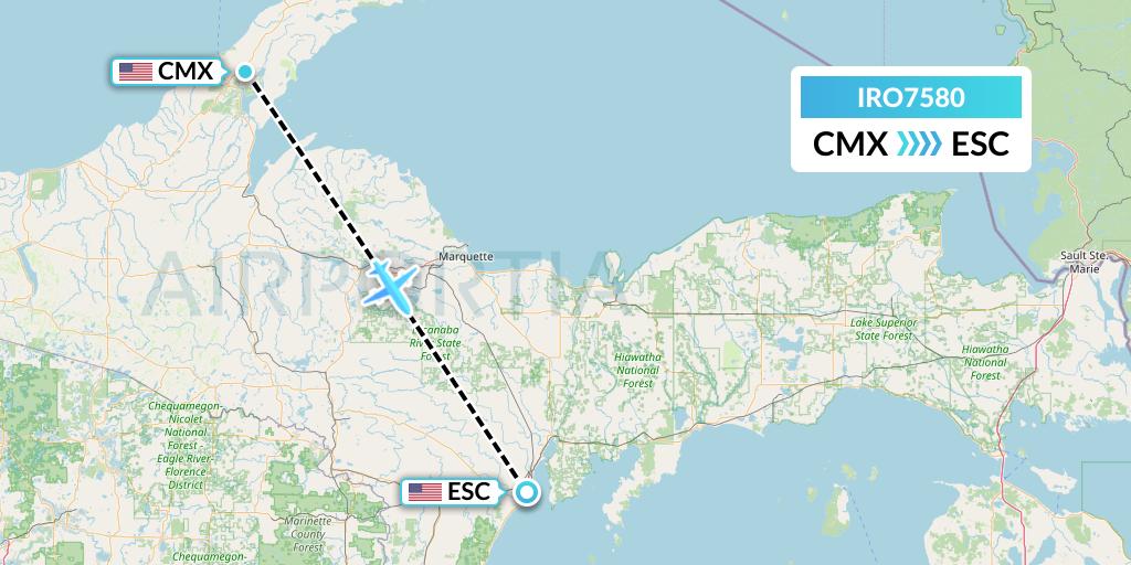 IRO7580 CSA Air Flight Map: Hancock to Escanaba