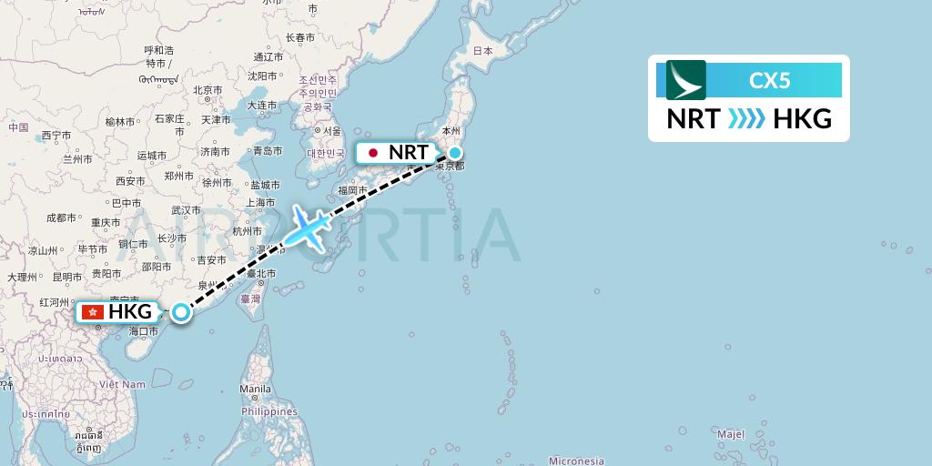 CX5 Cathay Pacific Flight Map: Tokyo to Hong Kong