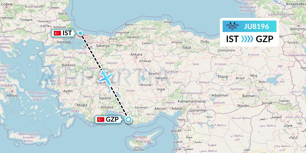 JU8196 AirSERBIA Flight Map: Istanbul to Gazipasa