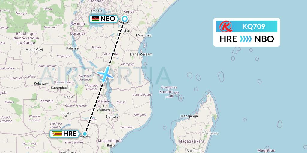 KQ709 Kenya Airways Flight Map: Harare to Nairobi