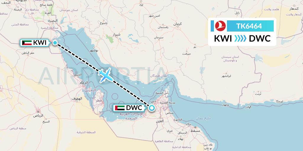 TK6464 Turkish Airlines Flight Map: Kuwait City to Dubai