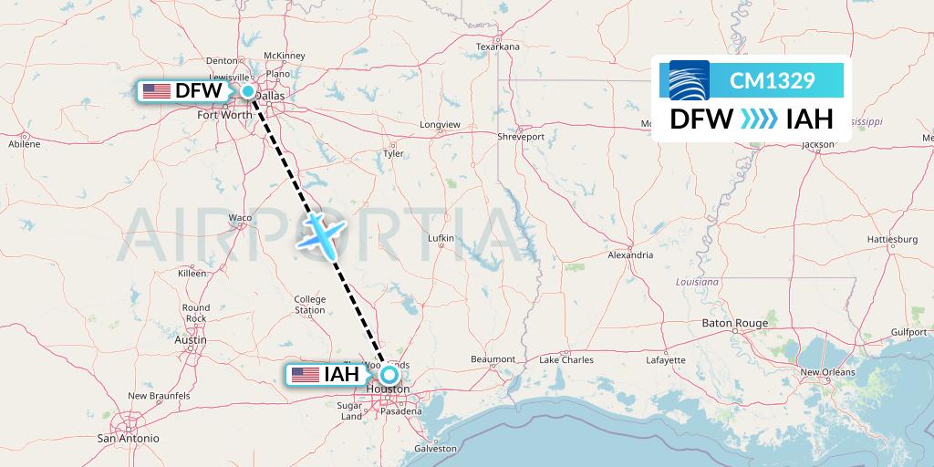 CM1329 Copa Airlines Flight Map: Dallas to Houston