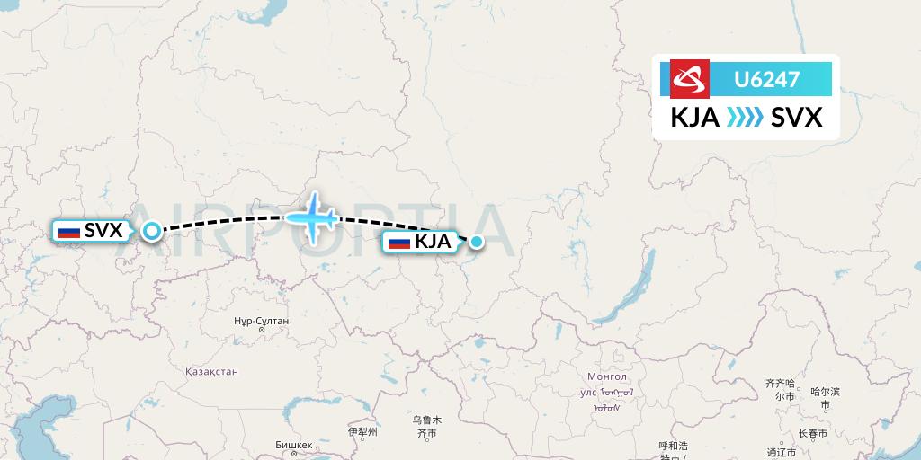 U6247 Ural Airlines Flight Map: Krasnoyarsk to Yekaterinburg