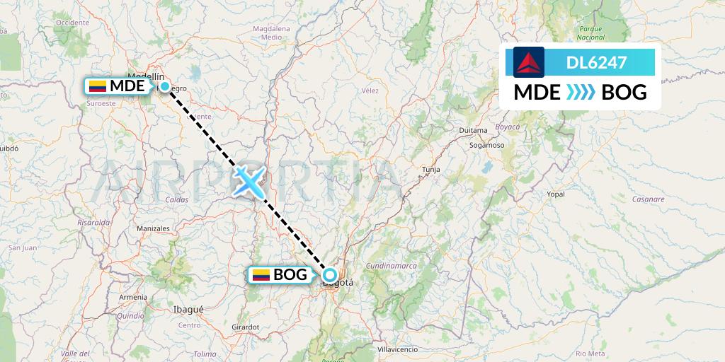 DL6247 Delta Air Lines Flight Map: Medellin to Bogota