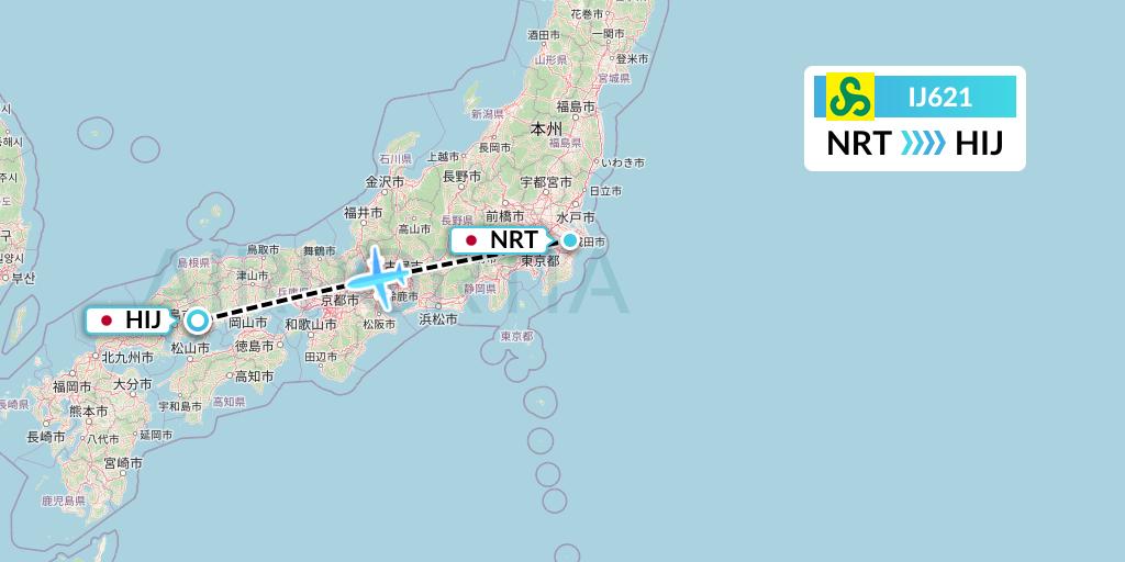 IJ621 Spring Airlines Japan Flight Map: Tokyo to Hiroshima