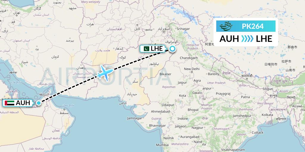 PK264 Pakistan International Airlines Flight Map: Abu Dhabi to Lahore