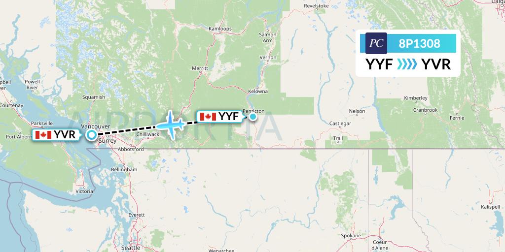 8P1308 Pacific Coastal Airlines Flight Map: Penticton to Vancouver