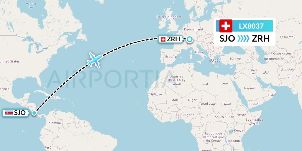 LX8037 Swiss Flight Map: San Jose to Zurich