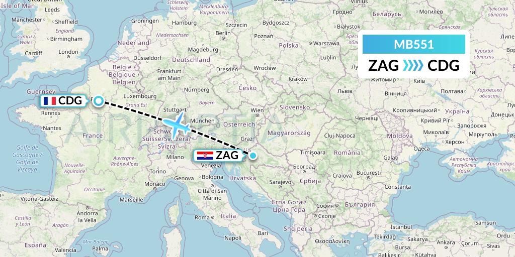 MB551 MNG Airlines Flight Map: Zagreb to Paris