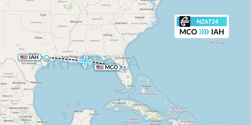 NZ6724 Air New Zealand Flight Map: Orlando to Houston