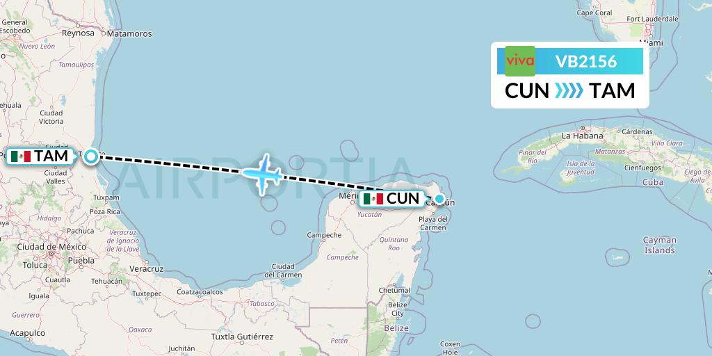 VB2156 VivaAerobus Flight Map: Cancun to Tampico