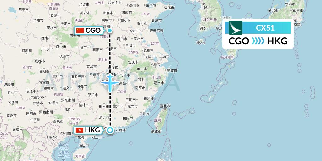 CX51 Cathay Pacific Flight Map: Zhengzhou to Hong Kong