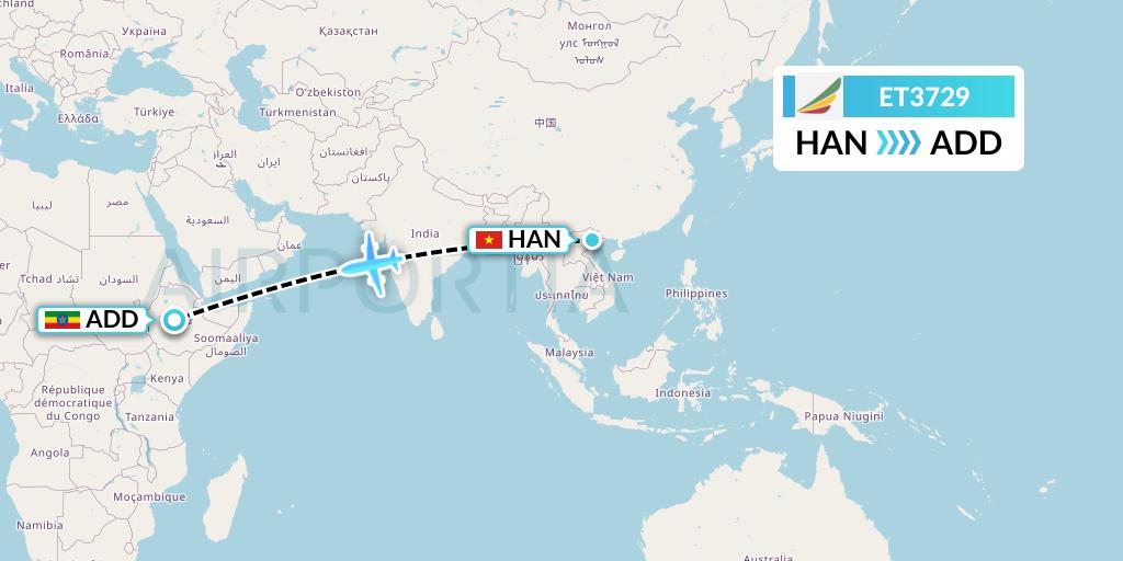 ET3729 Ethiopian Airlines Flight Map: Hanoi to Addis Ababa