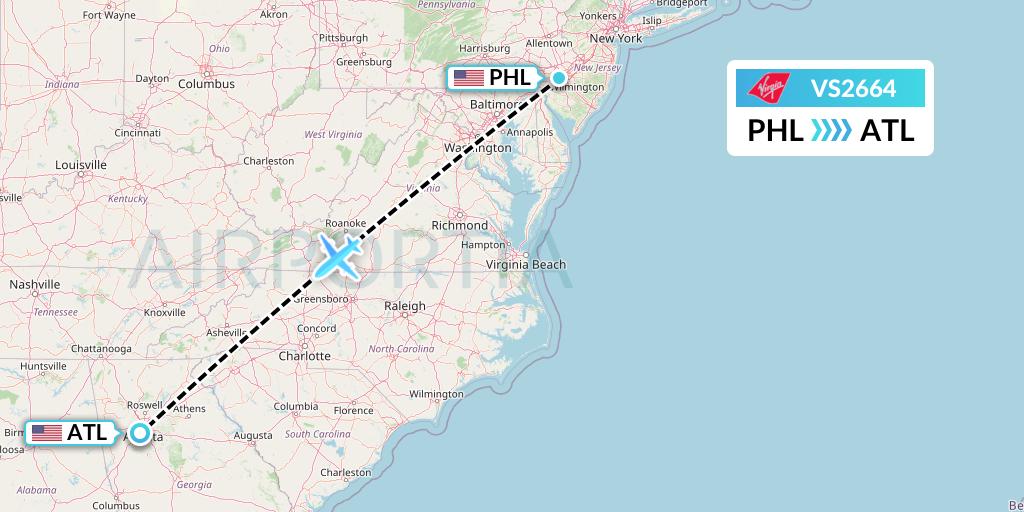 VS2664 Virgin Atlantic Airways Flight Map: Philadelphia to Atlanta