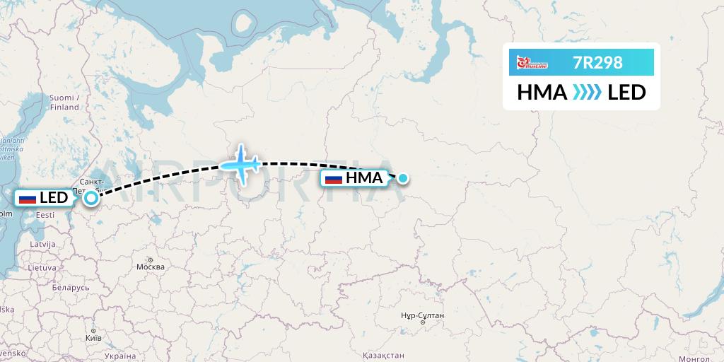 7R298 Rusline Flight Map: Khanty-Mansiysk to St. Petersburg