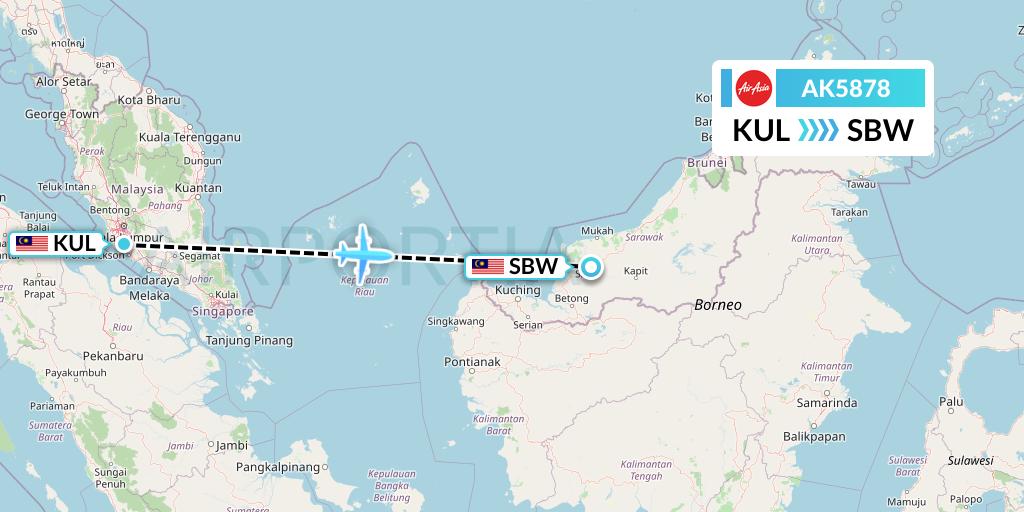 AK5878 AirAsia Flight Map: Kuala Lumpur to Sibu