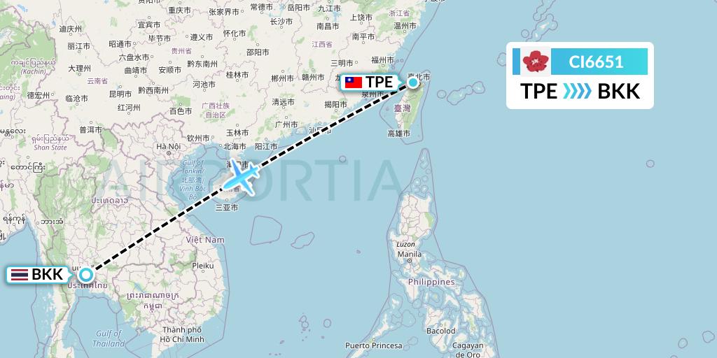 CI6651 China Airlines Flight Map: Taipei to Bangkok