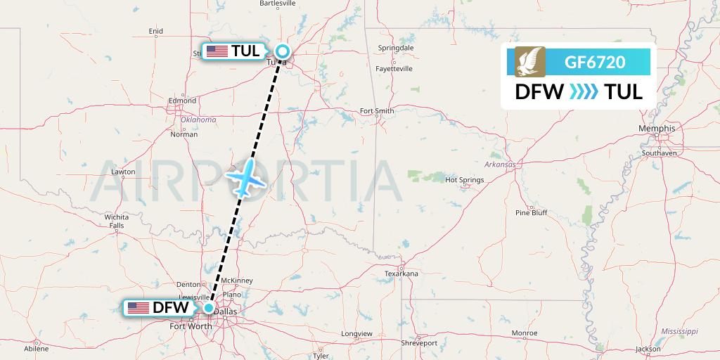 GF6720 Gulf Air Flight Map: Dallas to Tulsa