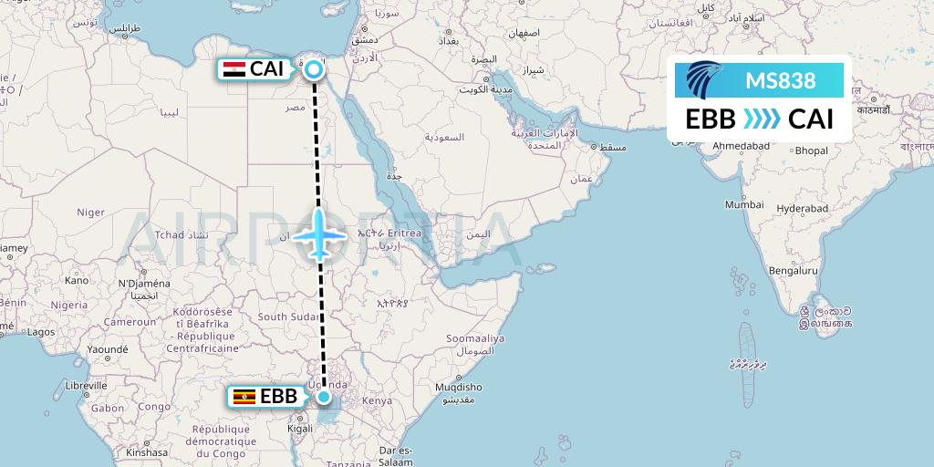 MS838 EgyptAir Flight Map: Entebbe to Cairo