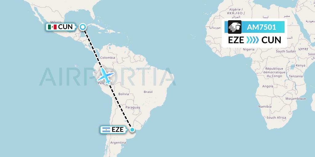 AM7501 Aeromexico Flight Map: Buenos Aires to Cancun