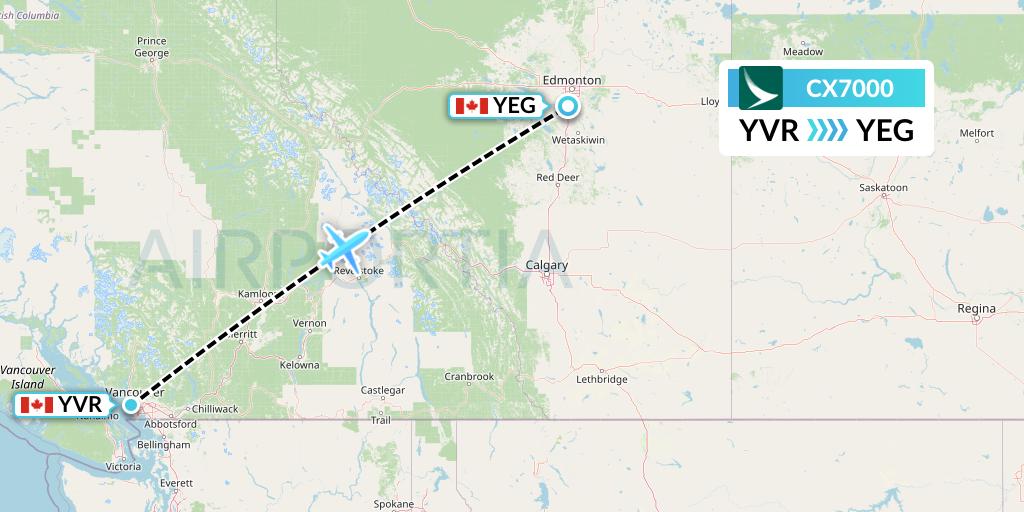 CX7000 Cathay Pacific Flight Map: Vancouver to Edmonton