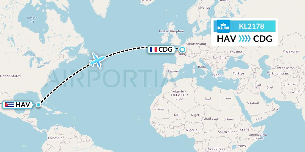 KL2178 KLM Flight Map: Havana to Paris