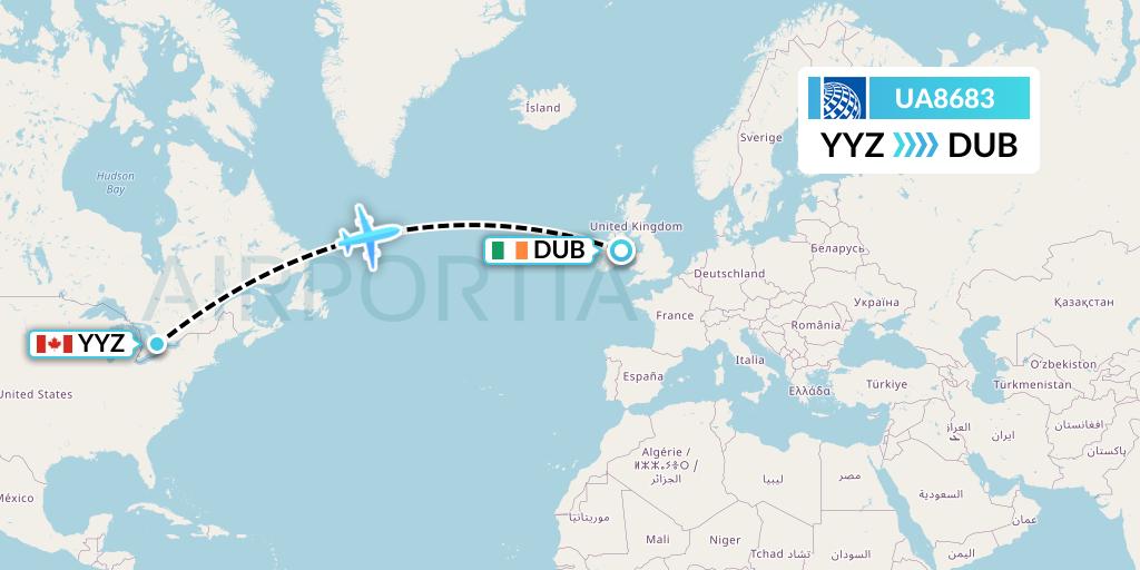 UA8683 United Airlines Flight Map: Toronto to Dublin