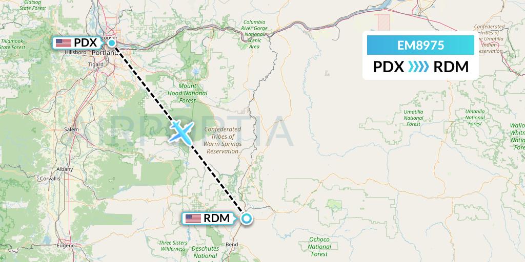 EM8975 Empire Airlines Flight Map: Portland to Redmond