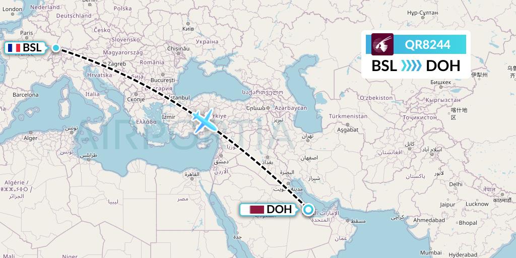 QR8244 Qatar Airways Flight Map: Basel to Doha