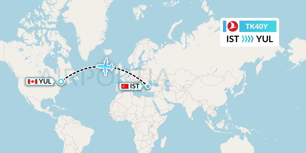 TK40Y Turkish Airlines Flight Map: Istanbul to Montreal