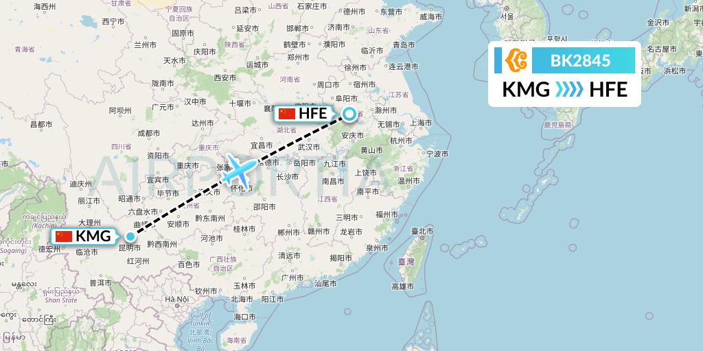 BK2845 Okay Airways Flight Map: Kunming to Hefei