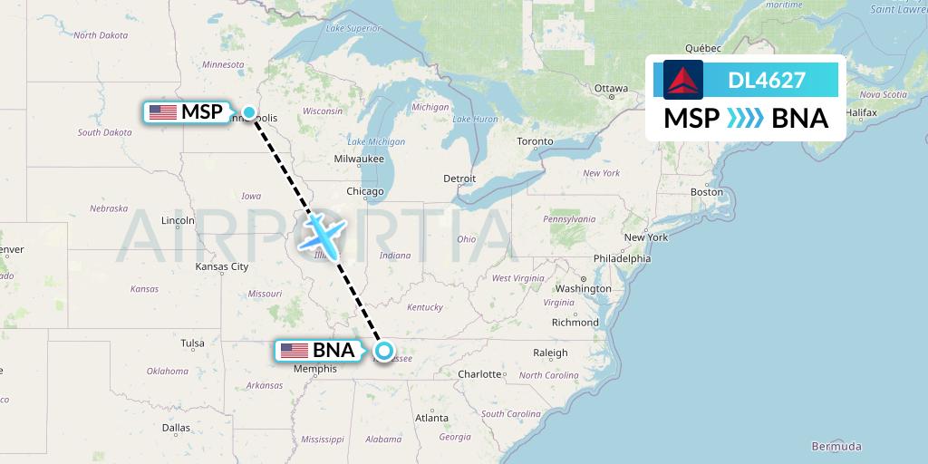 DL4627 Delta Air Lines Flight Map: Minneapolis to Nashville