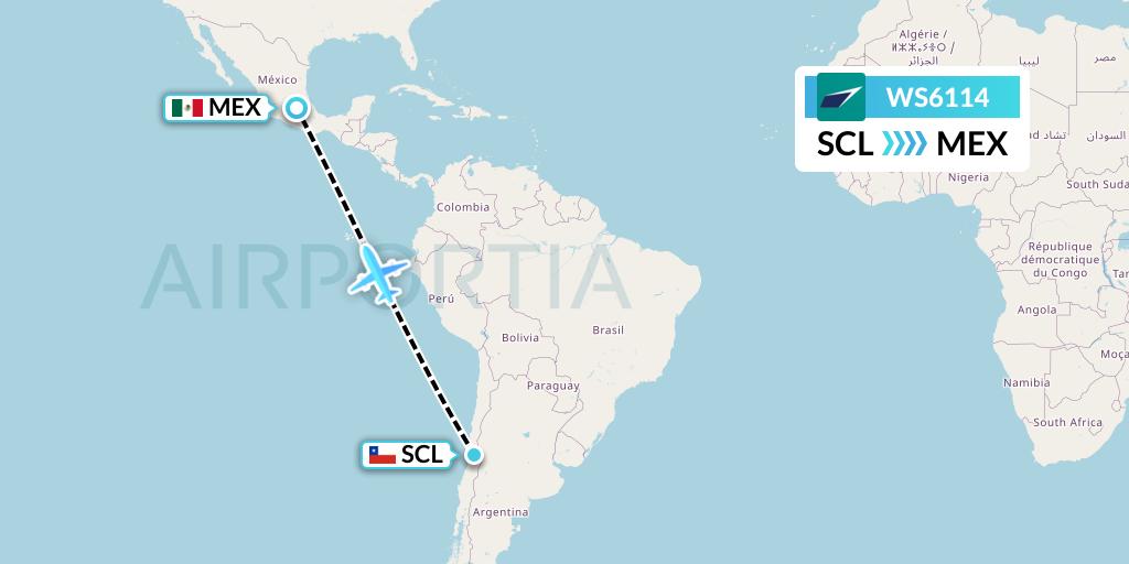 WS6114 WestJet Flight Map: Santiago to Mexico City